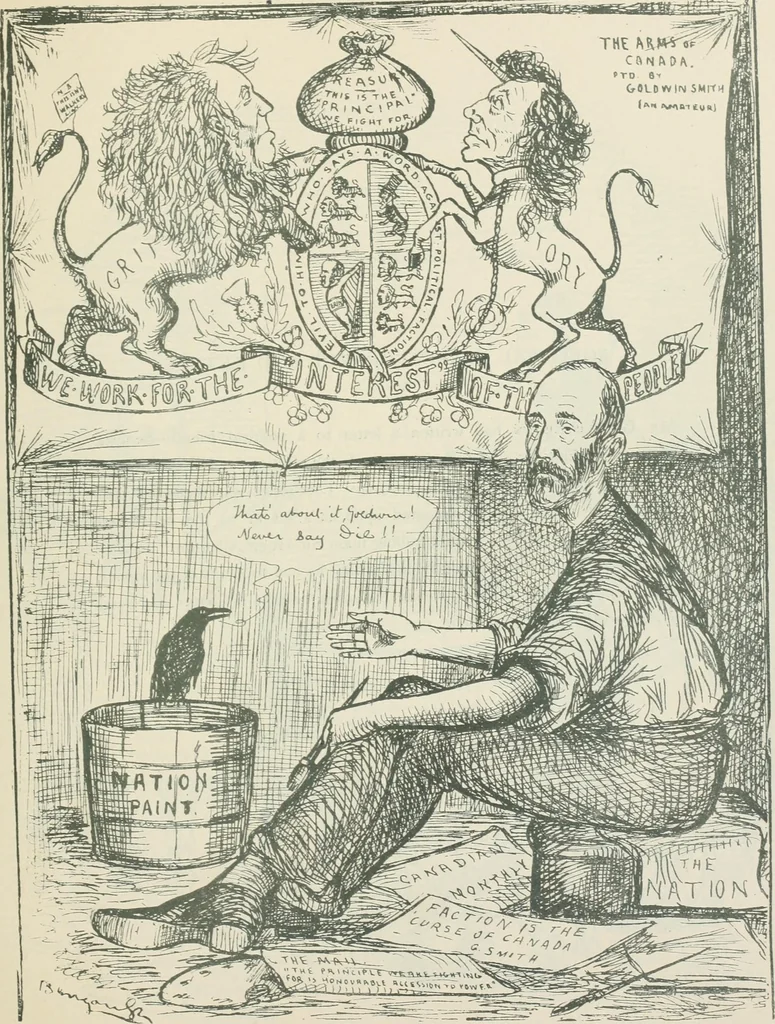 An illustration from A caricature history of Canadian politics : events from the union of 1841, as illustrated by cartoons from "Grip", and various other sources, 1886, leaf 286