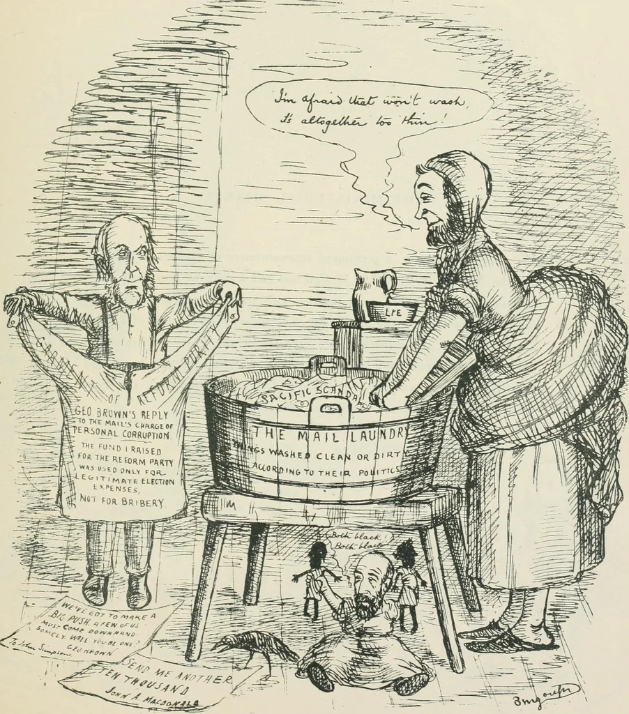 An illustration from A caricature history of Canadian politics : events from the union of 1841, as illustrated by cartoons from "Grip", and various other sources, 1886, leaf 288