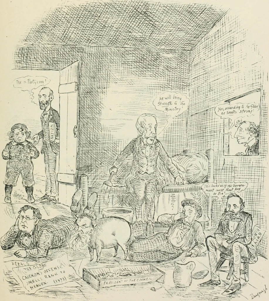 An illustration from A caricature history of Canadian politics : events from the union of 1841, as illustrated by cartoons from "Grip", and various other sources, 1886, leaf 290
