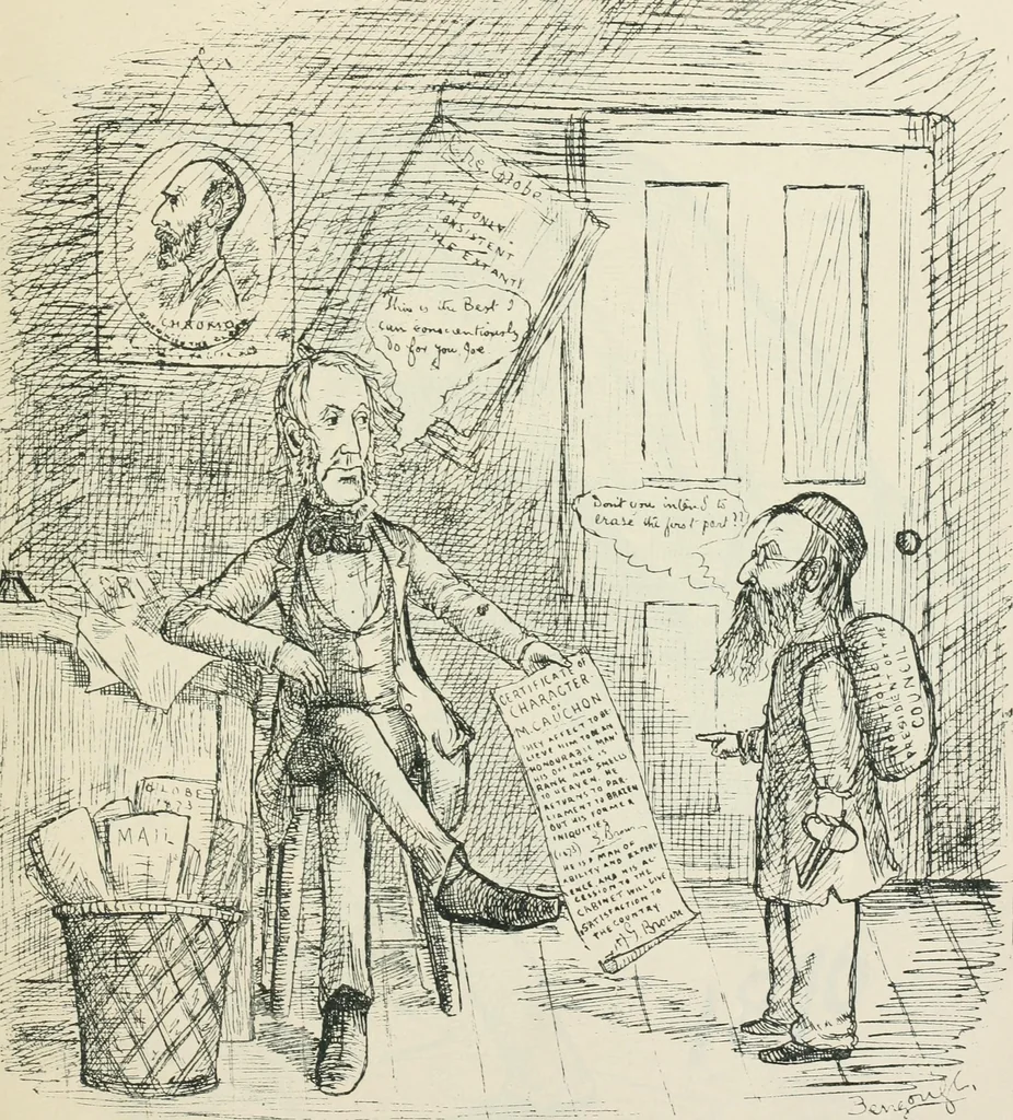 An illustration from A caricature history of Canadian politics : events from the union of 1841, as illustrated by cartoons from "Grip", and various other sources, 1886, leaf 292