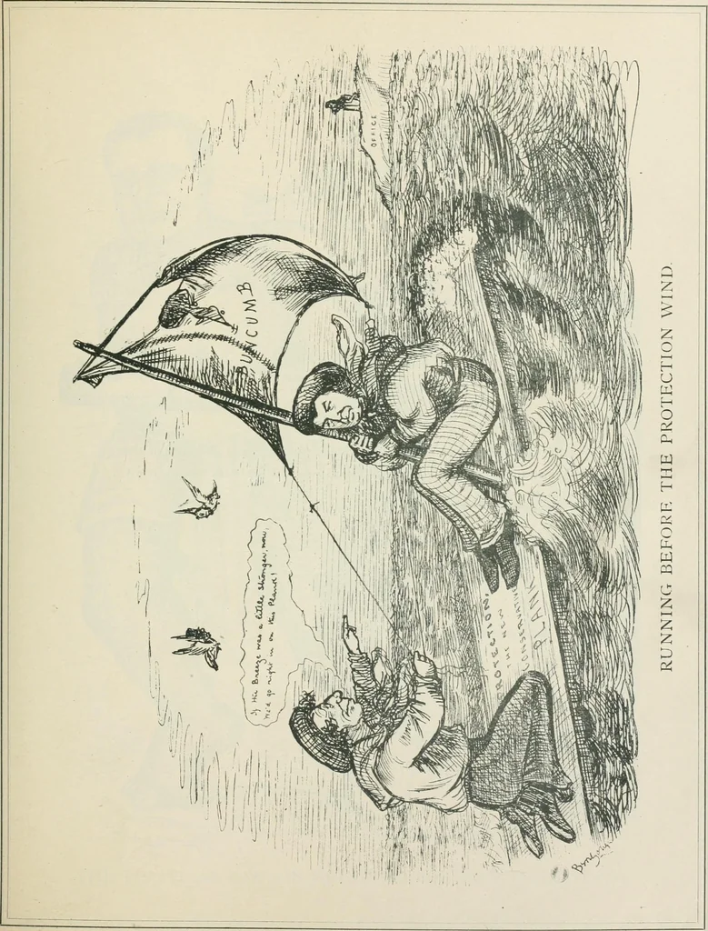 An illustration from A caricature history of Canadian politics : events from the union of 1841, as illustrated by cartoons from "Grip", and various other sources, 1886, leaf 296