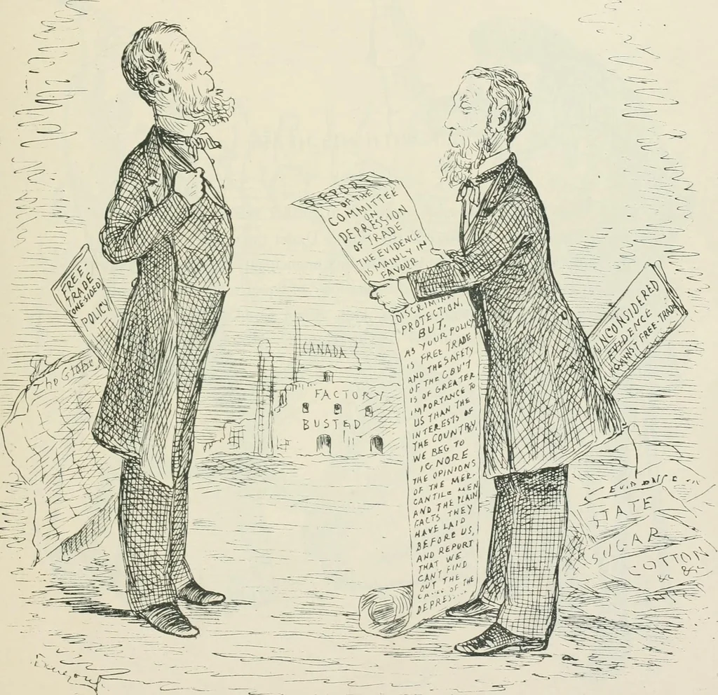 An illustration from A caricature history of Canadian politics : events from the union of 1841, as illustrated by cartoons from "Grip", and various other sources, 1886, leaf 302