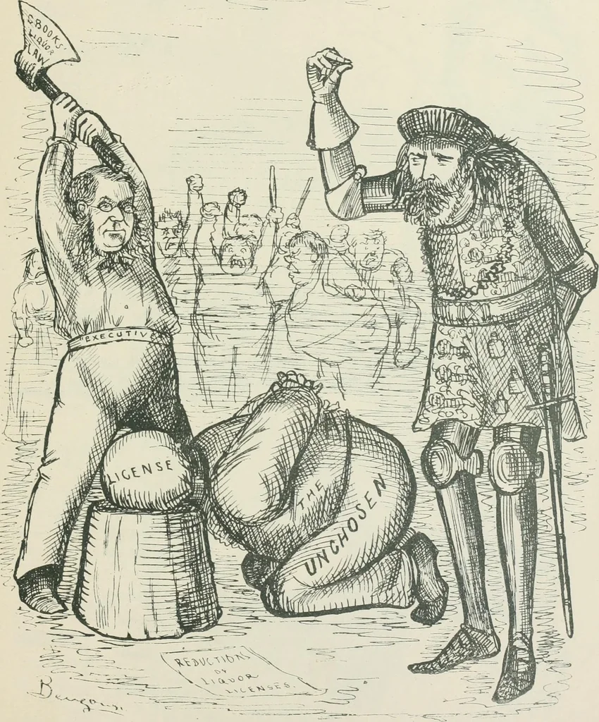 An illustration from A caricature history of Canadian politics : events from the union of 1841, as illustrated by cartoons from "Grip", and various other sources, 1886, leaf 304