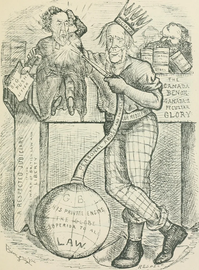 An illustration from A caricature history of Canadian politics : events from the union of 1841, as illustrated by cartoons from "Grip", and various other sources, 1886, leaf 308