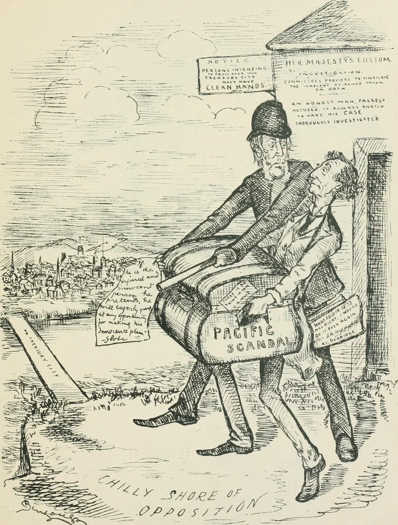 An illustration from A caricature history of Canadian politics : events from the union of 1841, as illustrated by cartoons from "Grip", and various other sources, 1886, leaf 310