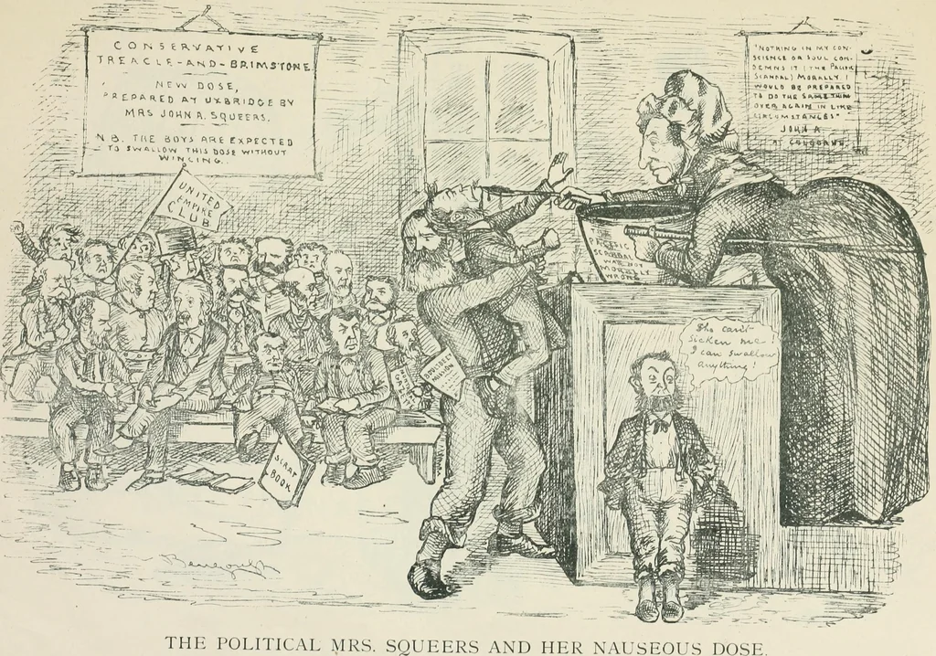 An illustration from A caricature history of Canadian politics : events from the union of 1841, as illustrated by cartoons from "Grip", and various other sources, 1886, leaf 312