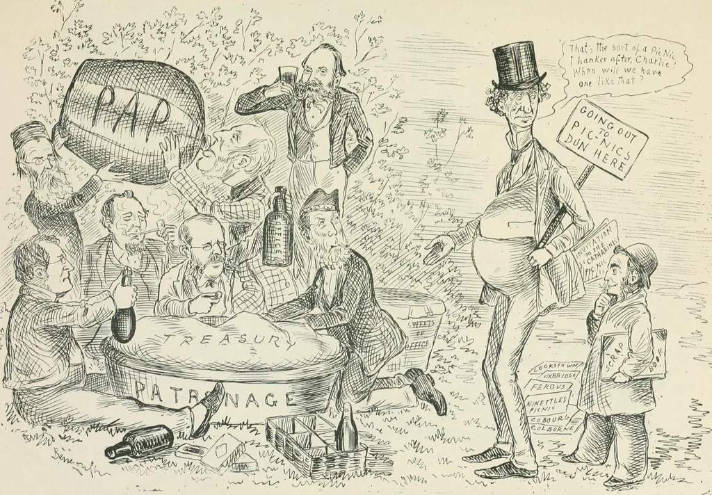An illustration from A caricature history of Canadian politics : events from the union of 1841, as illustrated by cartoons from "Grip", and various other sources, 1886, leaf 314