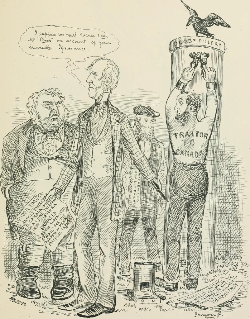 An illustration from A caricature history of Canadian politics : events from the union of 1841, as illustrated by cartoons from "Grip", and various other sources, 1886, leaf 316