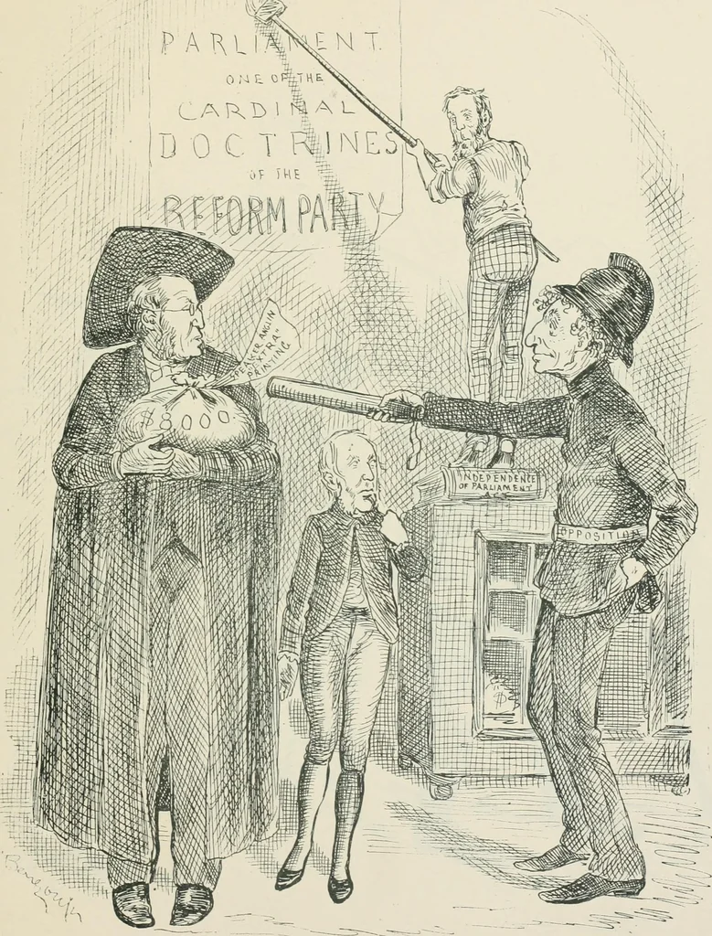 An illustration from A caricature history of Canadian politics : events from the union of 1841, as illustrated by cartoons from "Grip", and various other sources, 1886, leaf 318