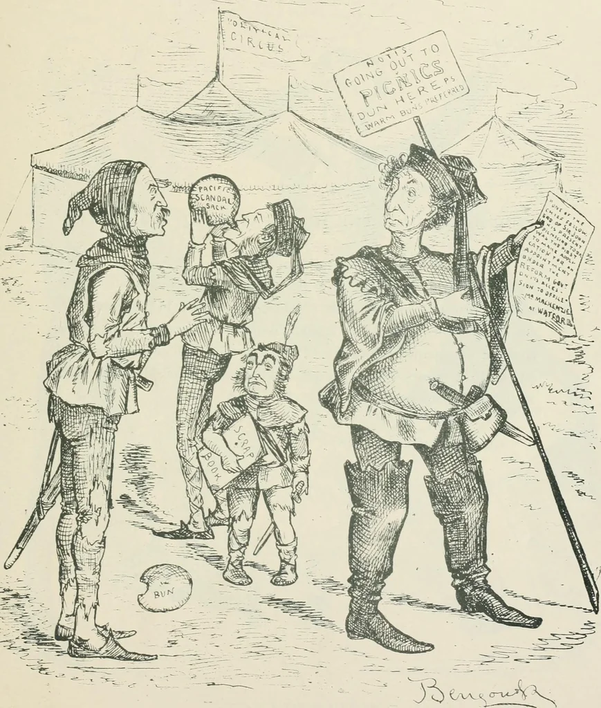 An illustration from A caricature history of Canadian politics : events from the union of 1841, as illustrated by cartoons from "Grip", and various other sources, 1886, leaf 320