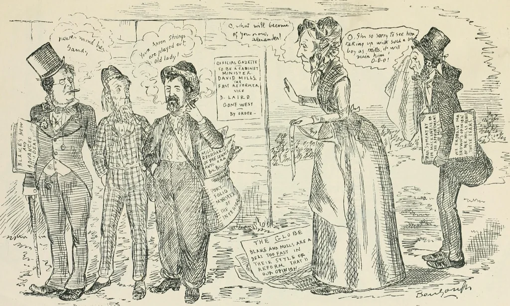An illustration from A caricature history of Canadian politics : events from the union of 1841, as illustrated by cartoons from "Grip", and various other sources, 1886, leaf 326