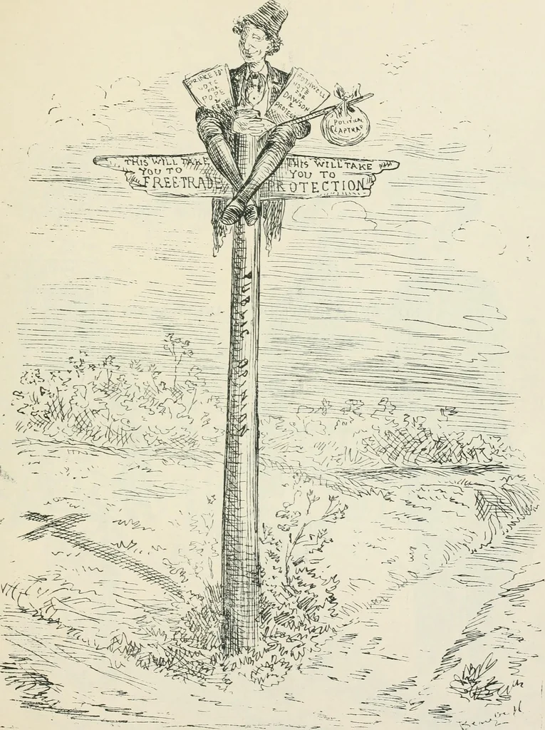 An illustration from A caricature history of Canadian politics : events from the union of 1841, as illustrated by cartoons from "Grip", and various other sources, 1886, leaf 330