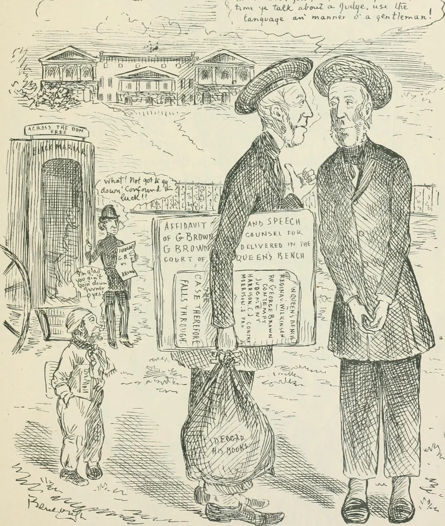 An illustration from A caricature history of Canadian politics : events from the union of 1841, as illustrated by cartoons from "Grip", and various other sources, 1886, leaf 332