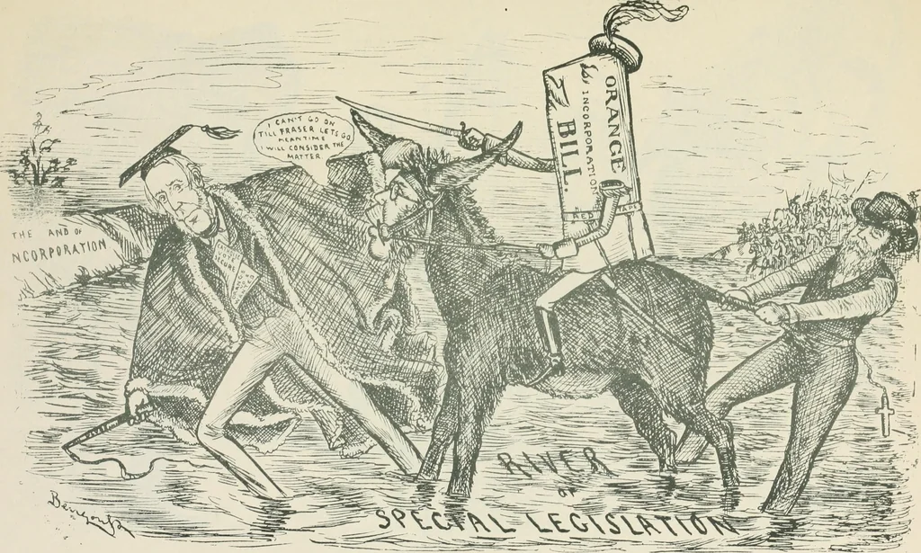 An illustration from A caricature history of Canadian politics : events from the union of 1841, as illustrated by cartoons from "Grip", and various other sources, 1886, leaf 334