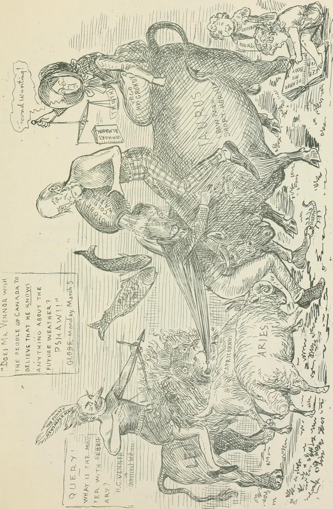 An illustration from A caricature history of Canadian politics : events from the union of 1841, as illustrated by cartoons from "Grip", and various other sources, 1886, leaf 338