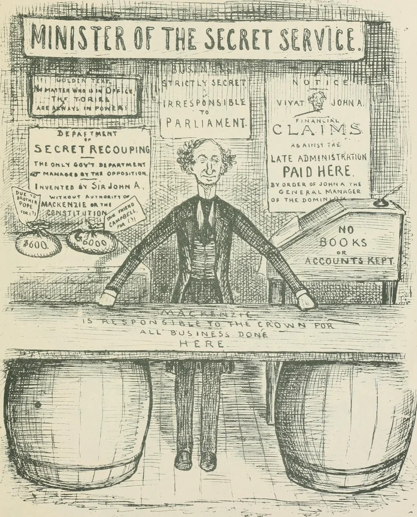 An illustration from A caricature history of Canadian politics : events from the union of 1841, as illustrated by cartoons from "Grip", and various other sources, 1886, leaf 342