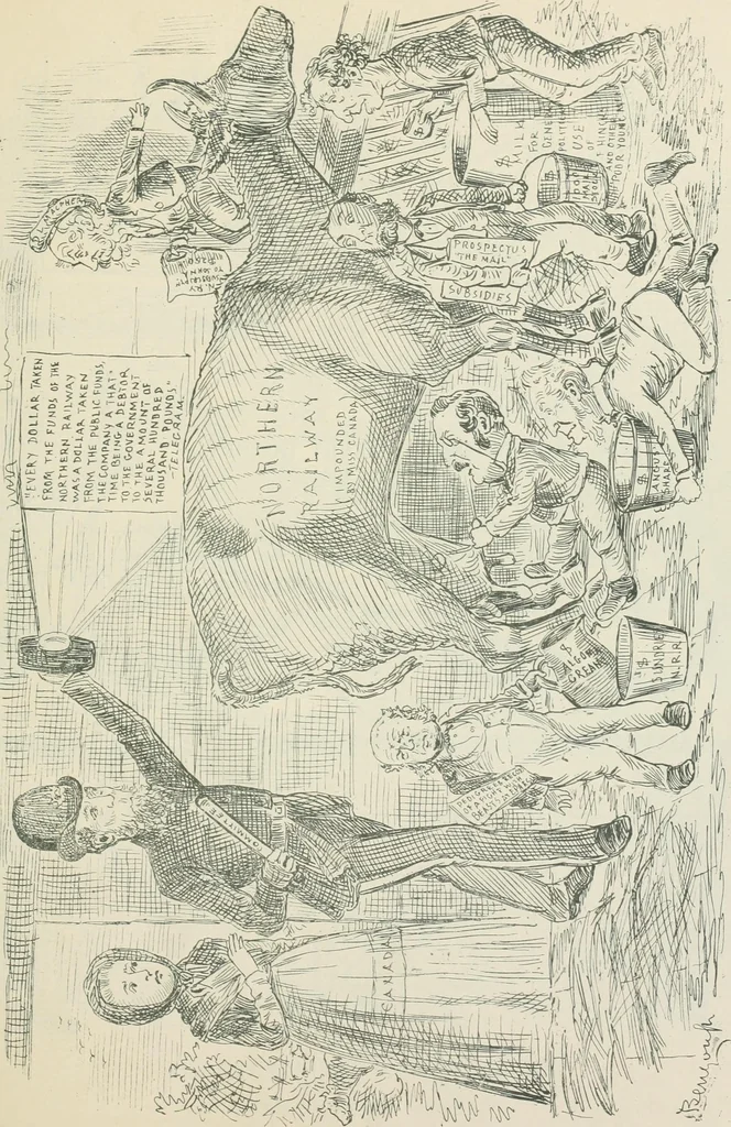 An illustration from A caricature history of Canadian politics : events from the union of 1841, as illustrated by cartoons from "Grip", and various other sources, 1886, leaf 344