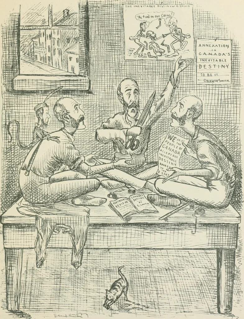An illustration from A caricature history of Canadian politics : events from the union of 1841, as illustrated by cartoons from "Grip", and various other sources, 1886, leaf 346