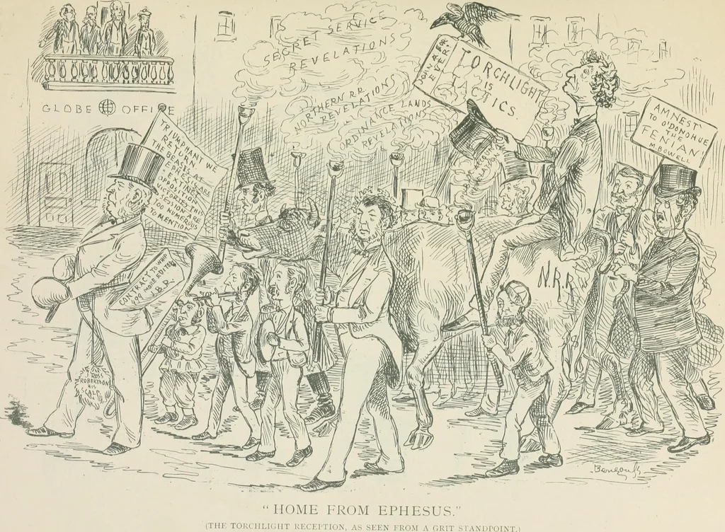 An illustration from A caricature history of Canadian politics : events from the union of 1841, as illustrated by cartoons from "Grip", and various other sources, 1886, leaf 348