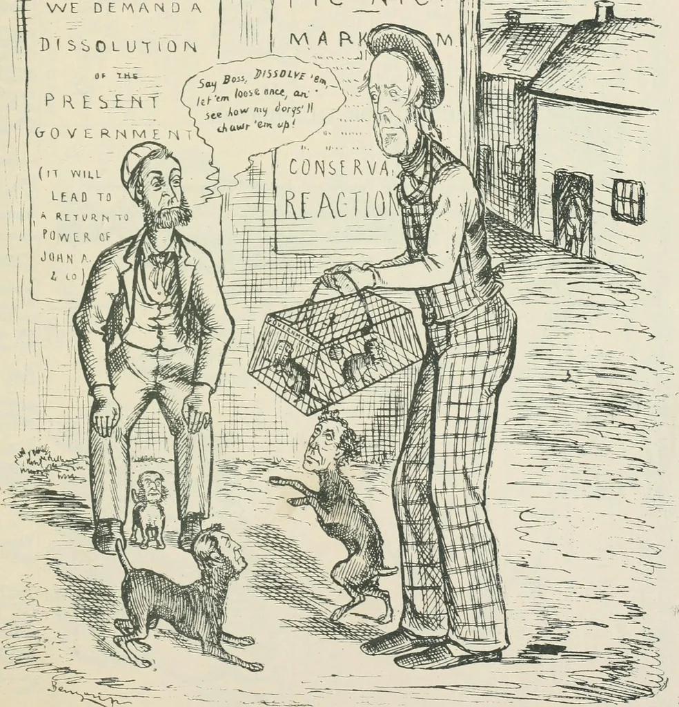 An illustration from A caricature history of Canadian politics : events from the union of 1841, as illustrated by cartoons from "Grip", and various other sources, 1886, leaf 350