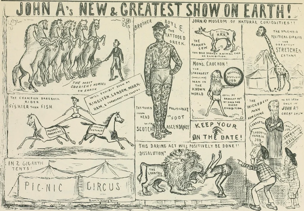 An illustration from A caricature history of Canadian politics : events from the union of 1841, as illustrated by cartoons from "Grip", and various other sources, 1886, leaf 352