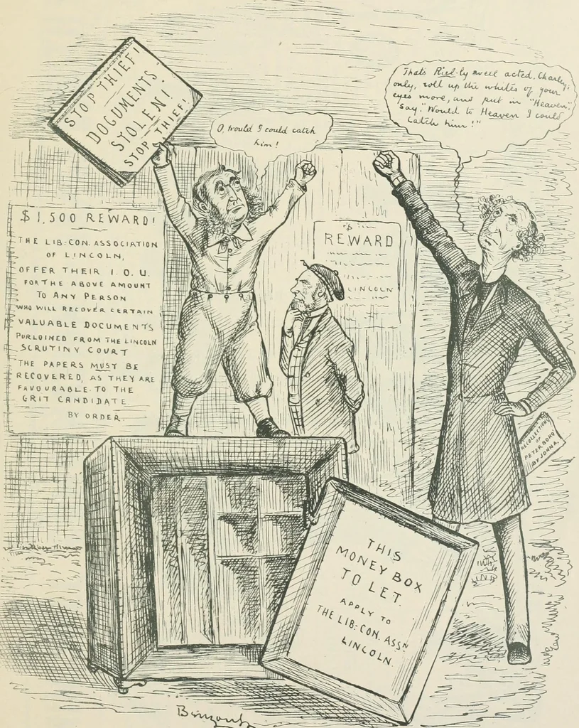An illustration from A caricature history of Canadian politics : events from the union of 1841, as illustrated by cartoons from "Grip", and various other sources, 1886, leaf 354