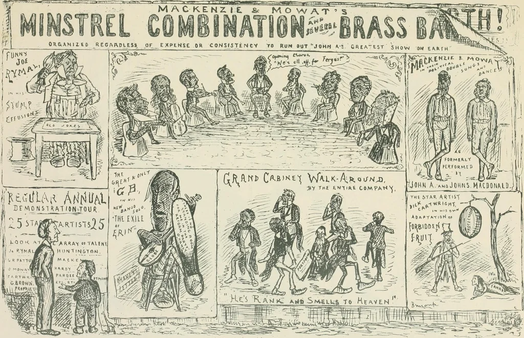 An illustration from A caricature history of Canadian politics : events from the union of 1841, as illustrated by cartoons from "Grip", and various other sources, 1886, leaf 356