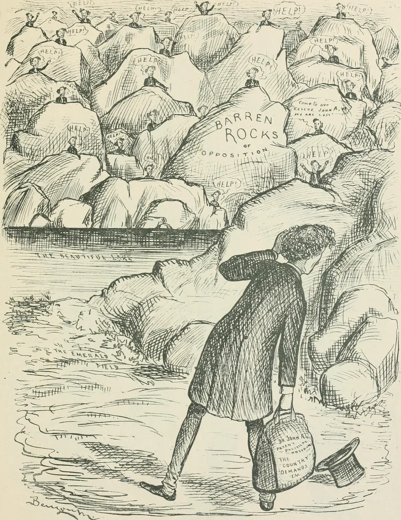 An illustration from A caricature history of Canadian politics : events from the union of 1841, as illustrated by cartoons from "Grip", and various other sources, 1886, leaf 358
