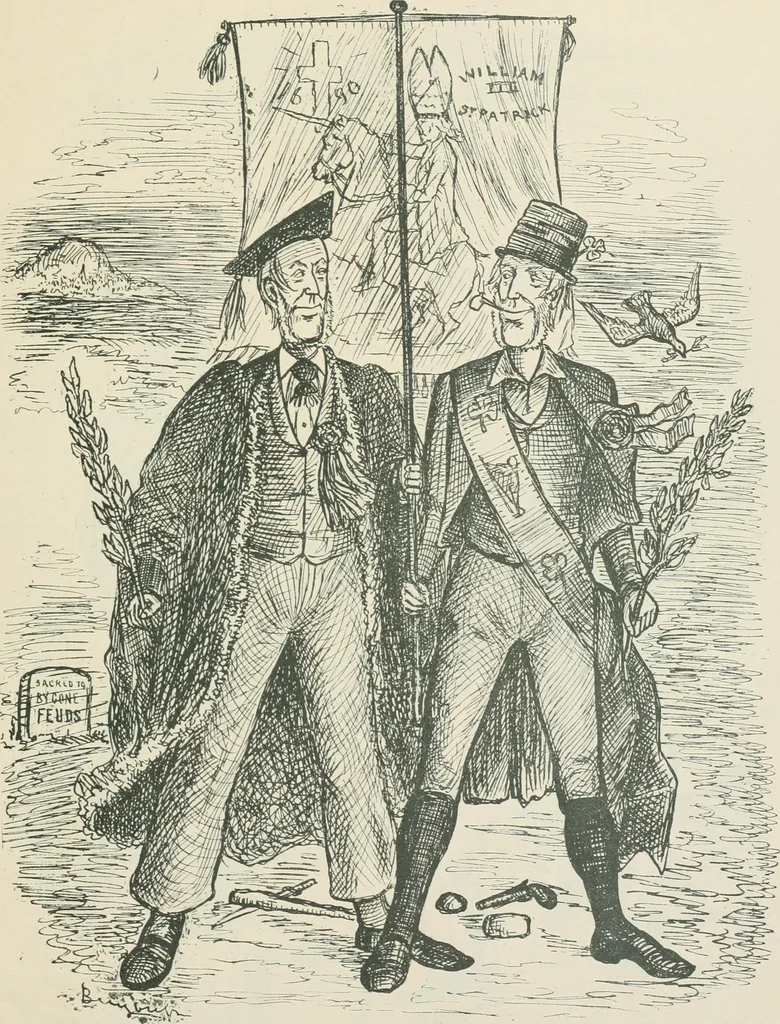 An illustration from A caricature history of Canadian politics : events from the union of 1841, as illustrated by cartoons from "Grip", and various other sources, 1886, leaf 360