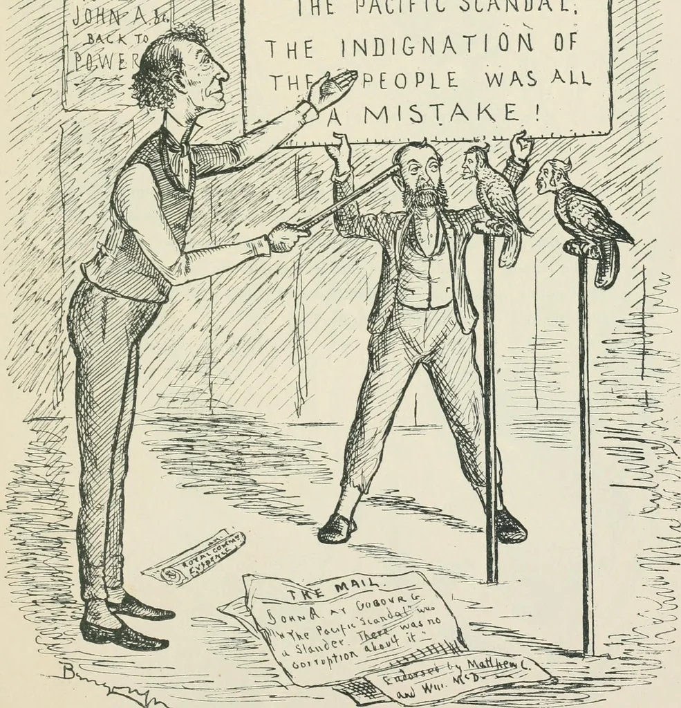 An illustration from A caricature history of Canadian politics : events from the union of 1841, as illustrated by cartoons from "Grip", and various other sources, 1886, leaf 364