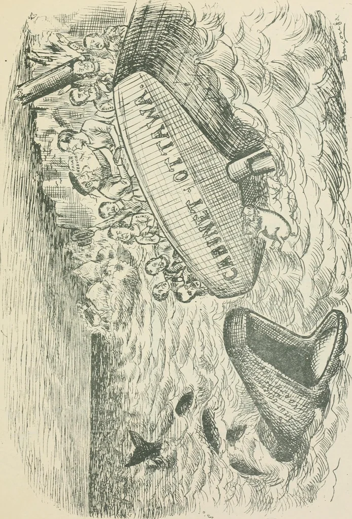 An illustration from A caricature history of Canadian politics : events from the union of 1841, as illustrated by cartoons from "Grip", and various other sources, 1886, leaf 366