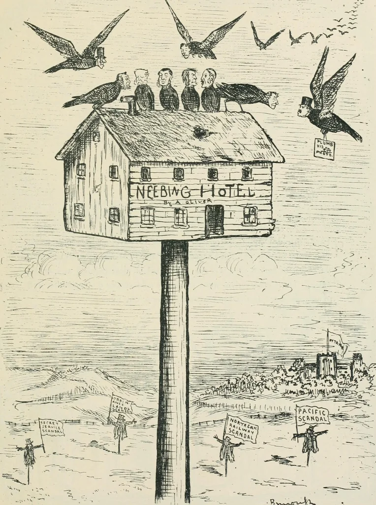 An illustration from A caricature history of Canadian politics : events from the union of 1841, as illustrated by cartoons from "Grip", and various other sources, 1886, leaf 368