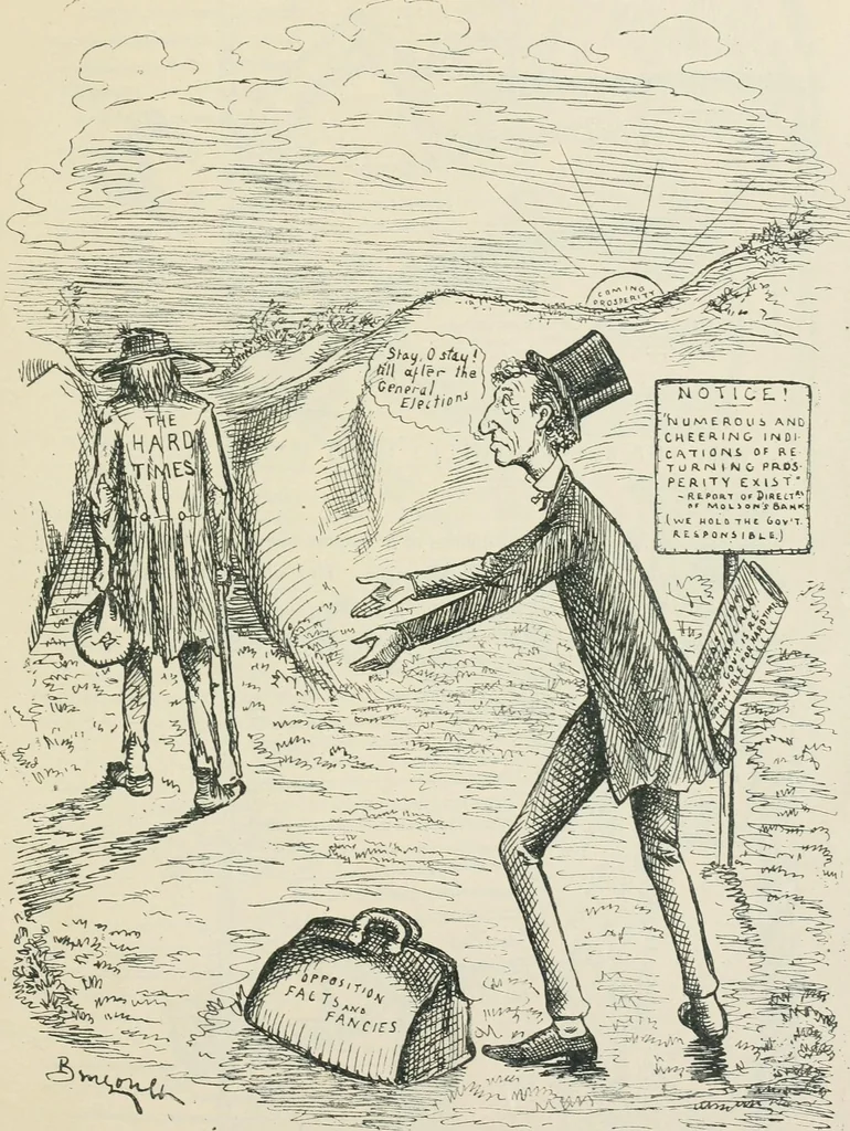 An illustration from A caricature history of Canadian politics : events from the union of 1841, as illustrated by cartoons from "Grip", and various other sources, 1886, leaf 372