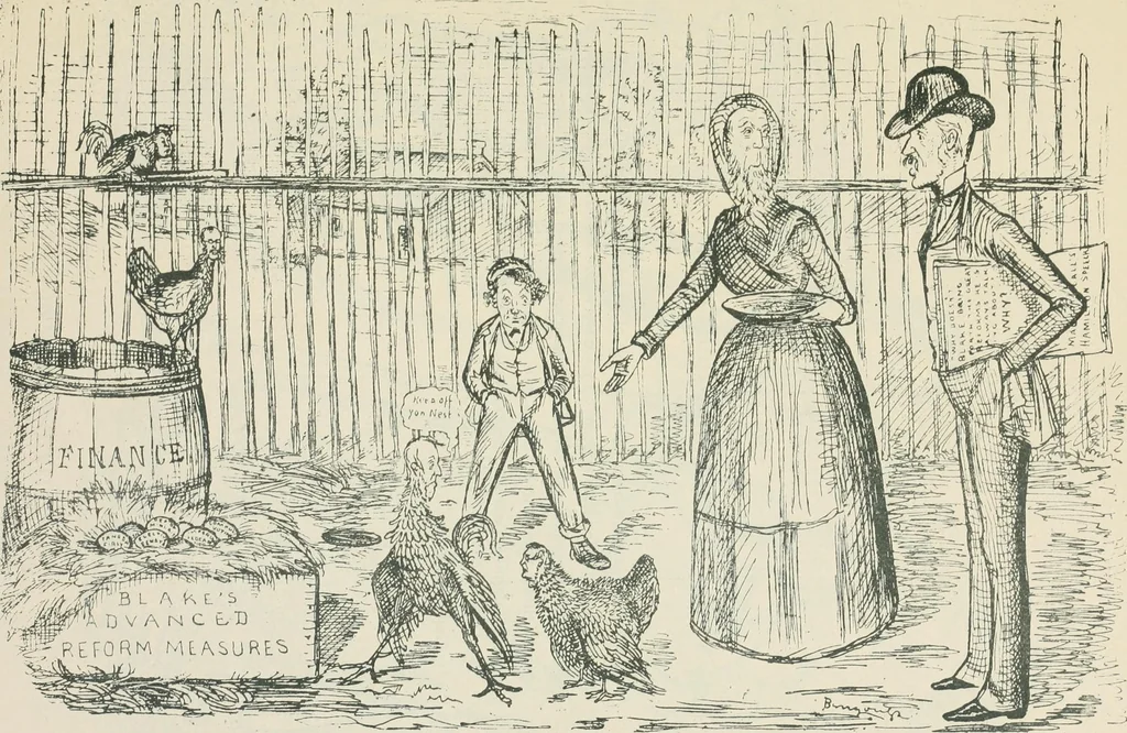 An illustration from A caricature history of Canadian politics : events from the union of 1841, as illustrated by cartoons from "Grip", and various other sources, 1886, leaf 374