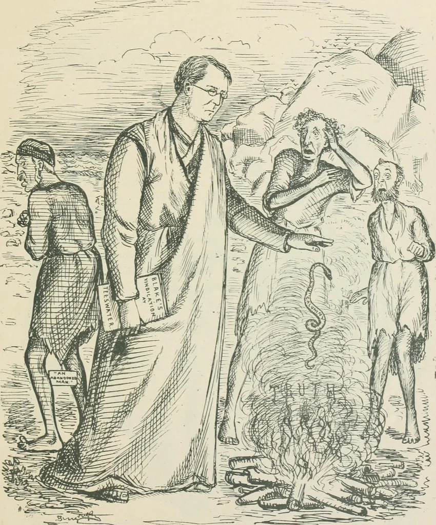 An illustration from A caricature history of Canadian politics : events from the union of 1841, as illustrated by cartoons from "Grip", and various other sources, 1886, leaf 376