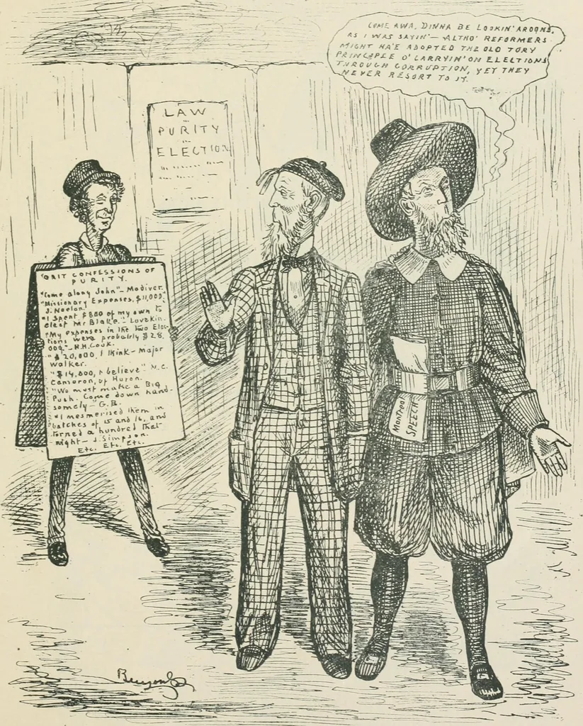 An illustration from A caricature history of Canadian politics : events from the union of 1841, as illustrated by cartoons from "Grip", and various other sources, 1886, leaf 378