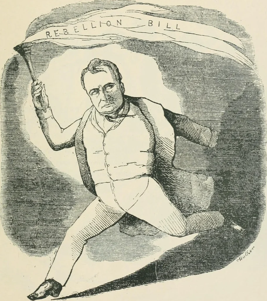An illustration from A caricature history of Canadian politics : events from the union of 1841, as illustrated by cartoons from "Grip", and various other sources, 1886, leaf 38