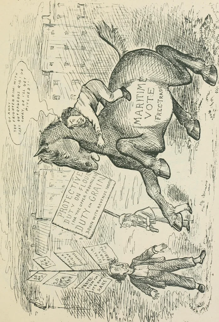 An illustration from A caricature history of Canadian politics : events from the union of 1841, as illustrated by cartoons from "Grip", and various other sources, 1886, leaf 380