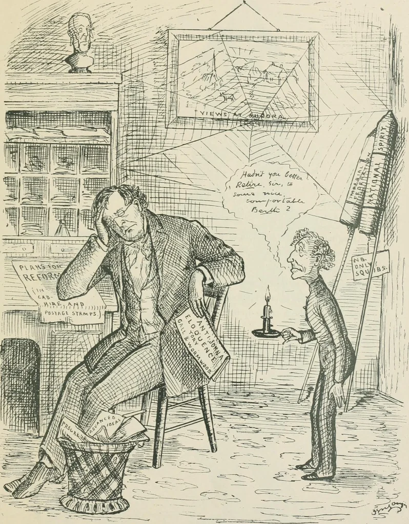 An illustration from A caricature history of Canadian politics : events from the union of 1841, as illustrated by cartoons from "Grip", and various other sources, 1886, leaf 384