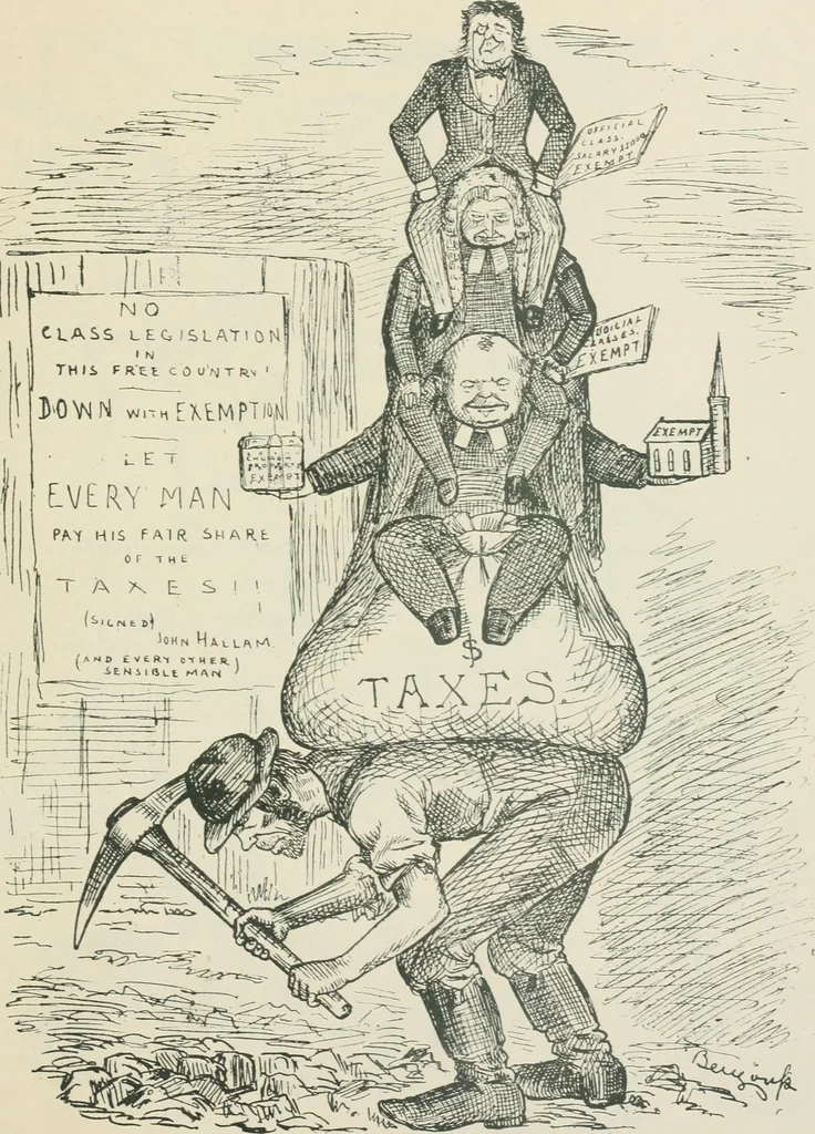 An illustration from A caricature history of Canadian politics : events from the union of 1841, as illustrated by cartoons from "Grip", and various other sources, 1886, leaf 386