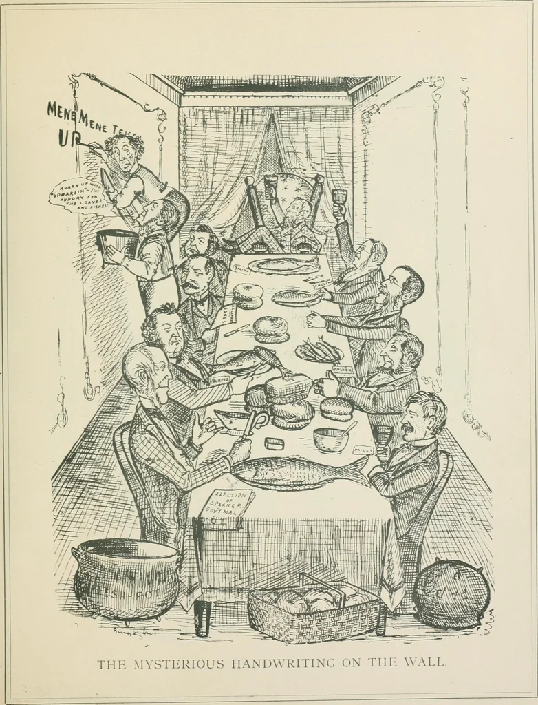 An illustration from A caricature history of Canadian politics : events from the union of 1841, as illustrated by cartoons from "Grip", and various other sources, 1886, leaf 388