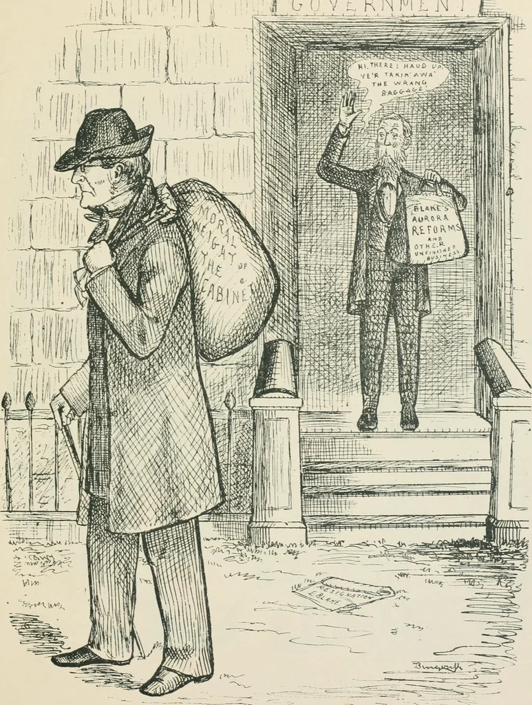 An illustration from A caricature history of Canadian politics : events from the union of 1841, as illustrated by cartoons from "Grip", and various other sources, 1886, leaf 390