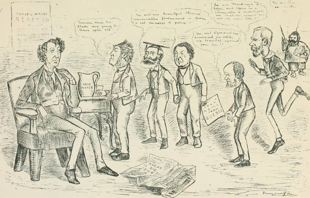 An illustration from A caricature history of Canadian politics : events from the union of 1841, as illustrated by cartoons from "Grip", and various other sources, 1886, leaf 394