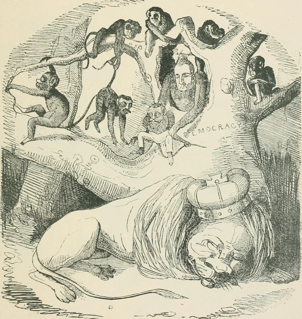 An illustration from A caricature history of Canadian politics : events from the union of 1841, as illustrated by cartoons from "Grip", and various other sources, 1886, leaf 40