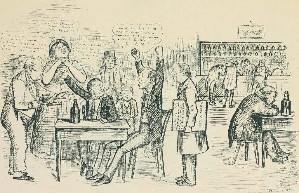 An illustration from A caricature history of Canadian politics : events from the union of 1841, as illustrated by cartoons from "Grip", and various other sources, 1886, leaf 400