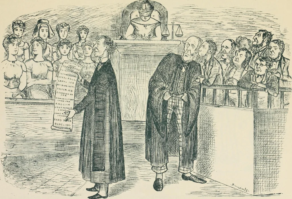 An illustration from A caricature history of Canadian politics : events from the union of 1841, as illustrated by cartoons from "Grip", and various other sources, 1886, leaf 402