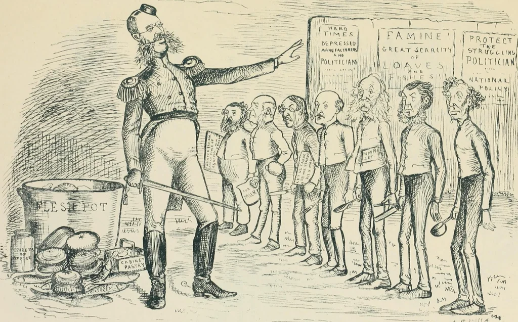 An illustration from A caricature history of Canadian politics : events from the union of 1841, as illustrated by cartoons from "Grip", and various other sources, 1886, leaf 404