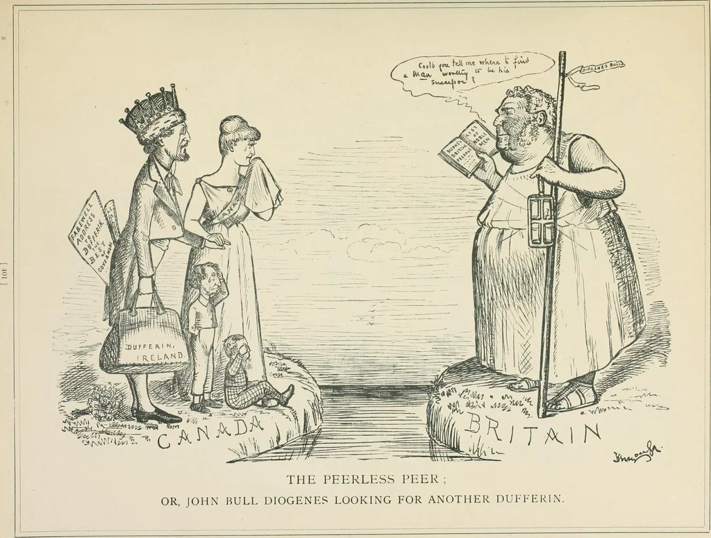 An illustration from A caricature history of Canadian politics : events from the union of 1841, as illustrated by cartoons from "Grip", and various other sources, 1886, leaf 406