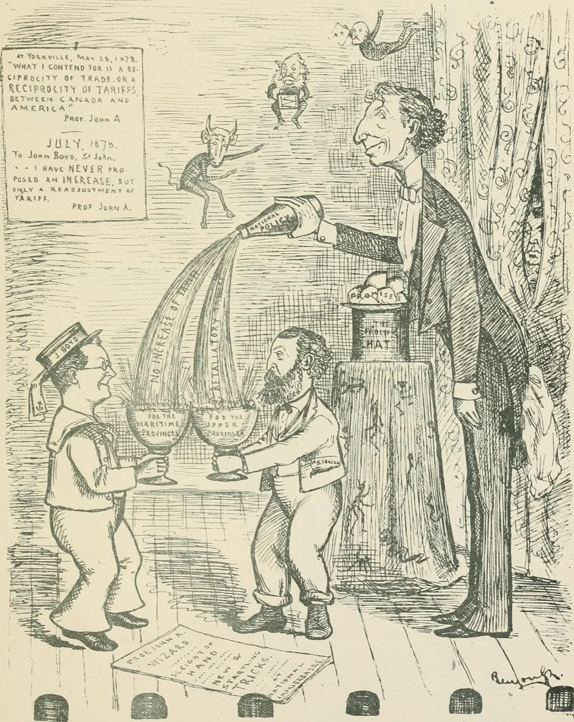 An illustration from A caricature history of Canadian politics : events from the union of 1841, as illustrated by cartoons from "Grip", and various other sources, 1886, leaf 412