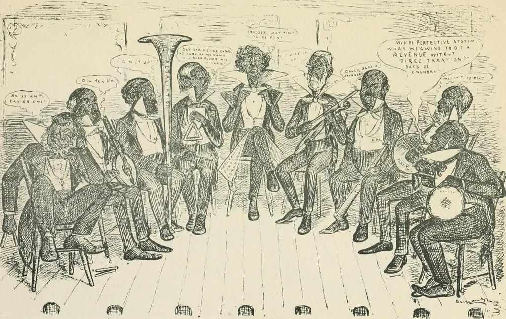 An illustration from A caricature history of Canadian politics : events from the union of 1841, as illustrated by cartoons from "Grip", and various other sources, 1886, leaf 416